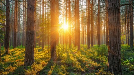 Obraz premium Sunrise, sun, trees, walking forests, or earth growth in Japan expedition, relaxation, or morning tranquility. sunset, hiking, or leaf environment in eco-conservation or sustainability