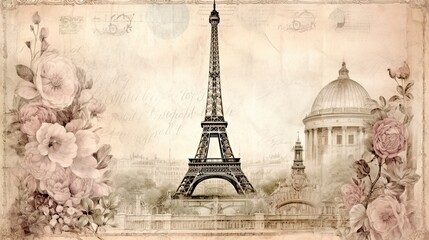 Obraz premium cozy Paris street with view on the famous Eiffel Tower, Paris France, vintage postcards