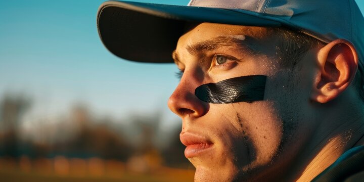 Man with fatigued face and baseball player planning game strategy in stadium pitch fitness, workout, or training. Zooom, fatigued softball player or athlete on field sweating
