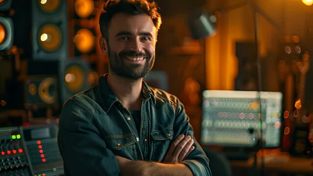 Musician and actor, arms crossed, standing smiling at work.