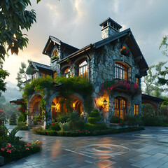 Fantasy house in the garden at sunset. 3D rendering.