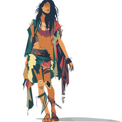 Obraz premium Tribal woman walking confidently, long black hair flowing, wearing colorful patchwork clothes, ethnic accessories. Earth tones dominate her attire, creating sense connection nature, tribal identity