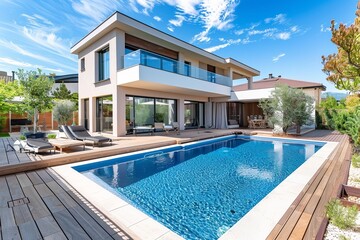 Fototapeta premium a luxury home's garden with a swimming pool and decking, Generative AI.
