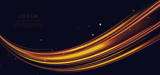 Abstract futuristic neon yellow and orange curved light lines with effect sparkle on dark background. © Pramote