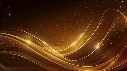 Golden background with light waves and stars vector presentation template, golden lines on dark brown background with copy space for text or design