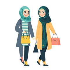 Two young Muslim women walking together wearing stylish hijabs coats holding shopping bags. Friends enjoy day out shopping, dressed modest fashion, scarves, outerwear. Cartoon illustration female