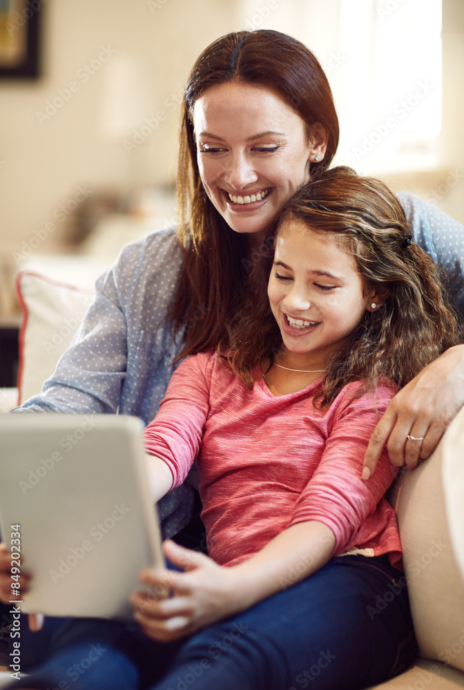 Canvas Prints Girl child, mom and selfie on sofa for post on social media, profile picture or content creation for personal blog. Mother, kid and photography in home with love for bonding, happiness and embrace.