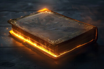 Magic book glowing from within, isolated on dark background