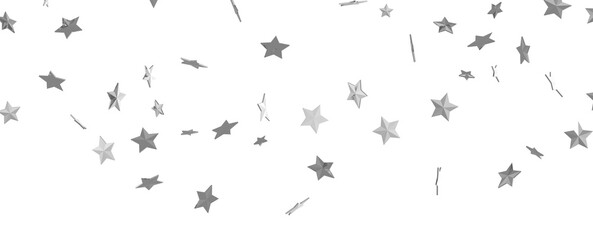Silver star of confetti. Falling stars on a white background. Illustration of flying shiny stars.