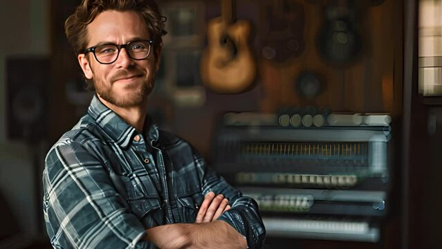 Musician and actor, arms crossed, standing smiling at work.