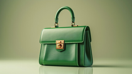 Women's green handbag on a white background with reflection