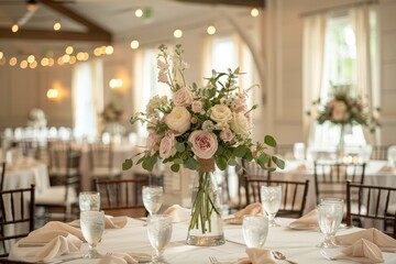 Elegant Minimalist Wedding Reception Setup with White Tablecloths and Simple Floral Centerpieces