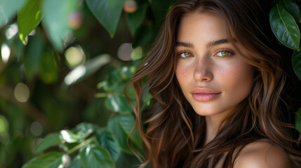 portrait of a woman. Beautiful young woman posing for a hair product campaign, shiny brown hair, black wearing, Argan seeds nuts and leaves background, plants atmosphere