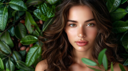 Naklejka premium portrait of a woman. Beautiful young woman posing for a hair product campaign, shiny brown hair, black wearing, Argan seeds nuts and leaves background, plants atmosphere
