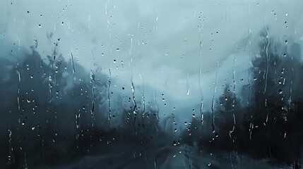 Obraz premium Blurred view of a rainy street through a wet window with raindrops, capturing a moody, atmospheric scene of nature and weather.