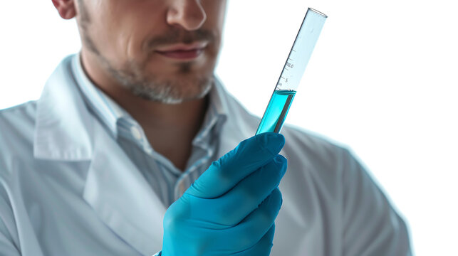 scientist wearing blue safety goggles and a white lab coat while holding up a test tube isolated on white background