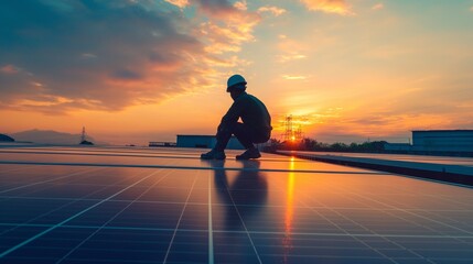echnology solar cell: Engineer checking the installation of solar cells on the roof of a factory in the morning. Silhouette of a technician inspecting and repairing solar cells on the factory roof, 
