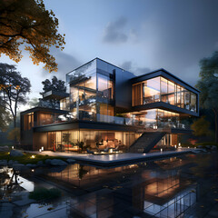 Obraz premium 3d rendering of modern cozy house with parking and pool for sale or rent with wood plank facade and beautiful landscaping on background. Clear summer night with golden sunlight.