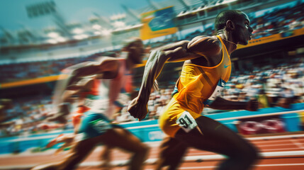 Sprinting Towards Victory.  A dynamic photographic image capturing the intensity and speed of athletes competing in an Olympic track and field race.