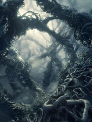 Twisted Gnarled Power Trees Reaching Towards Mysterious Ethereal Sky in Post Apocalyptic Reclaimed Nature