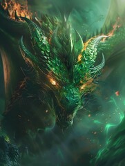 Majestic Emerald Scaled Dragon Breathing Verdant Flames in Dramatic Fantasy Oil Painting