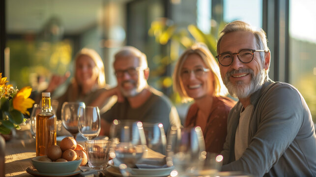 Friends, family, two men and two women middle aged sitting at a dining table in a modern room in a restaurant, home.