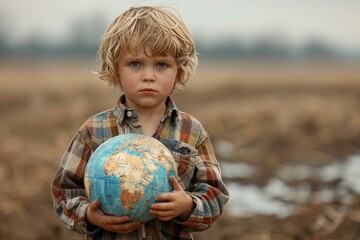 Fototapeta premium Climate Crisis Awareness: Young Child Holding Globe in Drought-Stricken Field Symbolizing Global Warming Impact