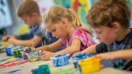Fototapeta premium Children enjoying painting time, using brushes and vibrant colors to create artwork, with the help of an adult.