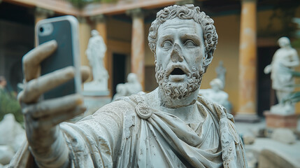 A roman statue of a man taking a selfie with a phone, he is looking he have no nose