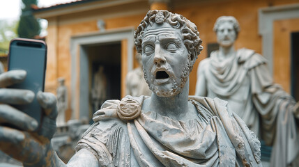 Fototapeta premium A photo shows an antique statue of a Roman emperor standing in front of his palace taking a selfie with a phone.