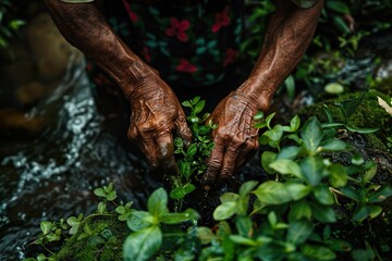 Obraz premium Aged Hands Nurturing Young Plants in a Flowing Water Stream