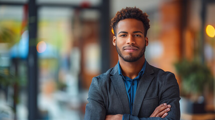 Fototapeta premium A confident young African American businessman standing with his arms crossed in an office setting