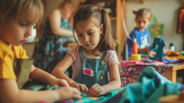 Children having fun sewing simple projects, using colorful fabrics and threads, with an adult providing assistance. - Powered by Adobe