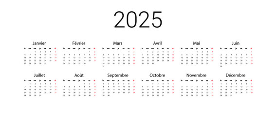 French 2025 calendar. Vector illustration design template start from monday. Full months for wall calendar