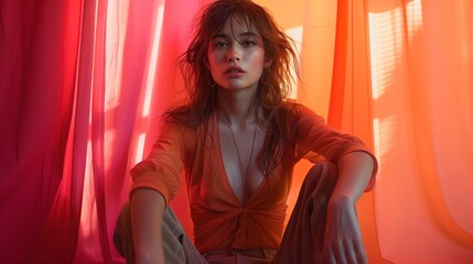 Obraz premium Young Woman Posing in Red And Yellow Light