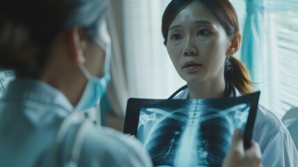 Photograph of a young Asian female doctor showing lung x-ray results and lecturing to senior patients in hospital For Cancer Awareness Month