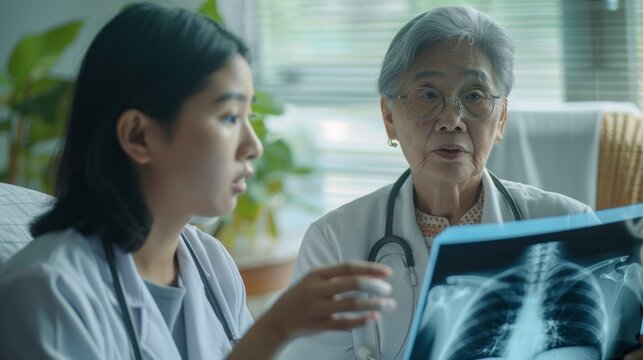 Photograph of a young Asian female doctor showing lung x-ray results and lecturing to senior patients in hospital For Cancer Awareness Month - Powered by Adobe