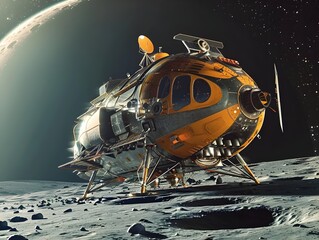 Vintage Inspired Lunar Module Soars Across Vibrant Lunar Landscape