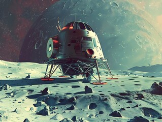 Vintage Inspired Lunar Module Touching Down on Vast Moonscape