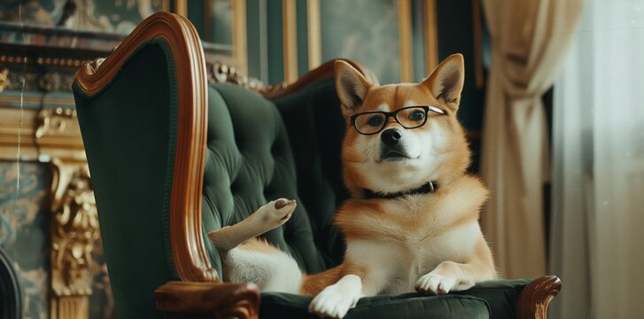 Rich dog wearing glasses, sitting in a leather chair in a room, ideal for a funny and unique humanization design concept.