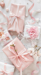 Elegant pink gift wrapping delicate bows pretty floral accents bows luxurious Christmas wedding gifts celebration soft pastel chic sophisticated romance blush lux beautiful presents white background