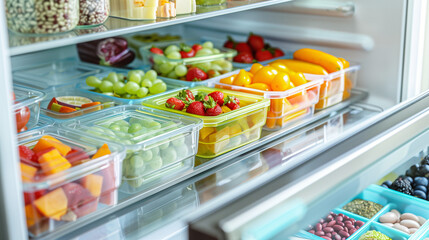 Healthy Meal Prep in a Refrigerator. This high-quality photograph showcases an organized refrigerator filled with colorful and fresh produce.