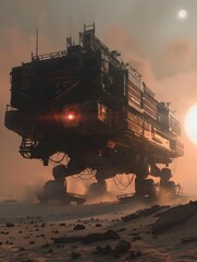 Futuristic Interplanetary Cargo Transport Traversing Desolate Alien Planetscape with Binary Suns