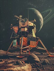 Vintage Inspired Lunar Module with Cutting Edge Navigation Systems in Vast Lunar Landscape