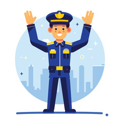 Police officer cartoon directing traffic cityscape background. Male cop uniform waving hands smiling vector graphic. Friendly law enforcement officer managing road safety illustration