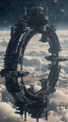 Futuristic Modular Orbital Space Station with Geometric Silhouette and Advanced Zero Gravity Habitats