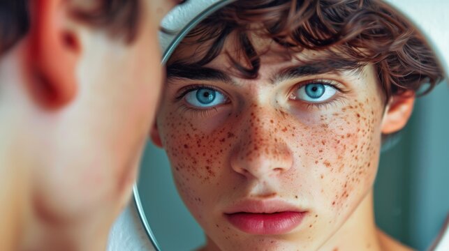 Teenage boy staring at himself in the mirror. A freckled teenage boy with blue eyes and curly hair looking at his reflection. Focus on youth narcissism and self-reflection. - Powered by Adobe