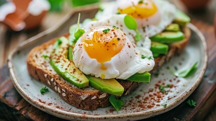 A nutritious breakfast of avocado toast and poached eggs