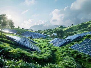 Futuristic Photovoltaic Farm Harnessing Renewable Solar Energy in Verdant Countryside