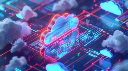 Naklejka premium Innovative 3D Illustration of Cloud Computing Platform. This image showcases a vibrant 3D illustration representing a cloud computing platform.